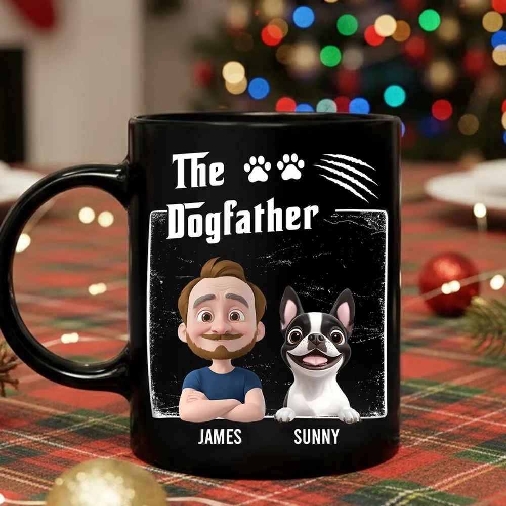 Personalized Dogfather Full Color Mug with Cartoon Man & Dog – Fun Coffee Gift for Dog Dads & Unique Birthday Surprise