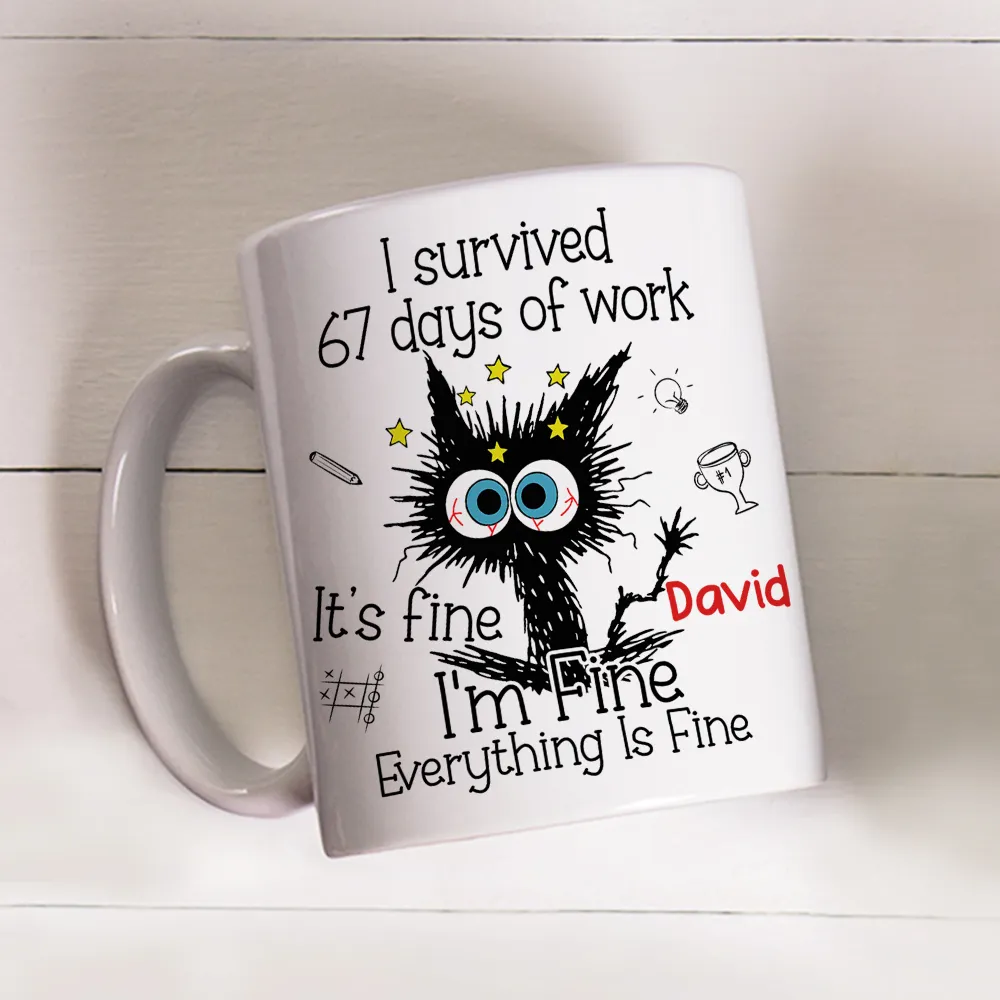 Personalized White Ceramic Mug for Workdays Survival, Funny Cat Cartoon Design, Unique Coworker Gift for Coffee & Tea Lovers - Image 2