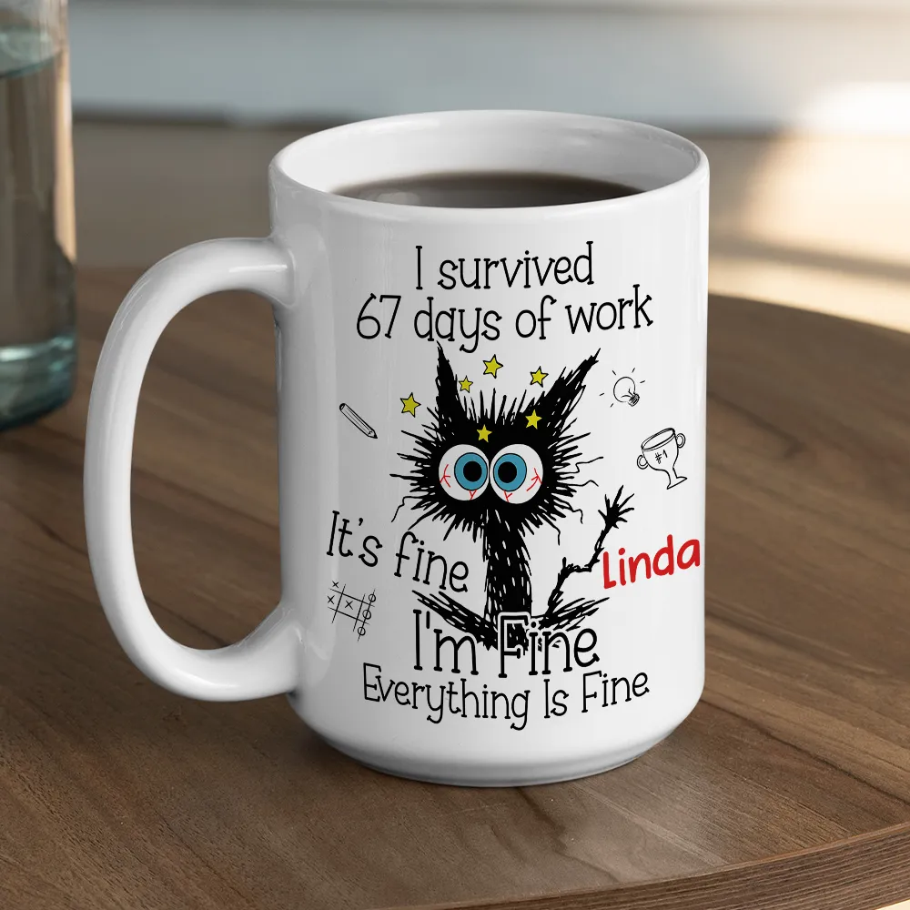 Personalized White Ceramic Mug for Workdays Survival, Funny Cat Cartoon Design, Unique Coworker Gift for Coffee & Tea Lovers - Image 5