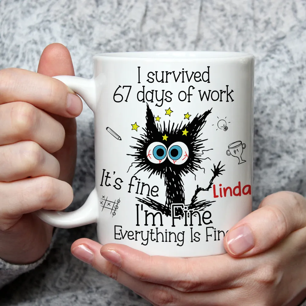 Personalized White Ceramic Mug for Workdays Survival, Funny Cat Cartoon Design, Unique Coworker Gift for Coffee & Tea Lovers - Image 6