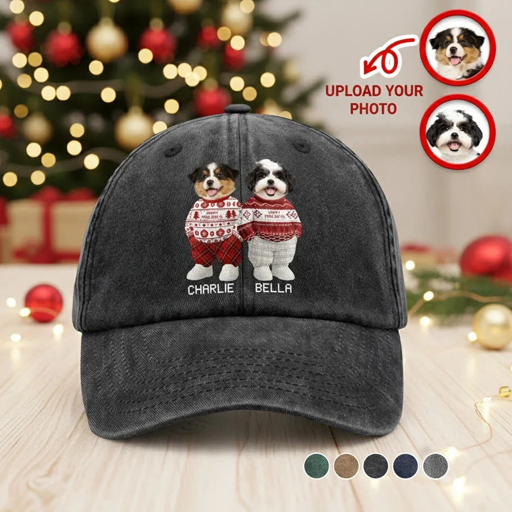 Personalized Washed Denim Baseball Cap with Cute Holiday Dogs in Sweaters – Casual Winter Style & Unique Gift for Pet Lovers