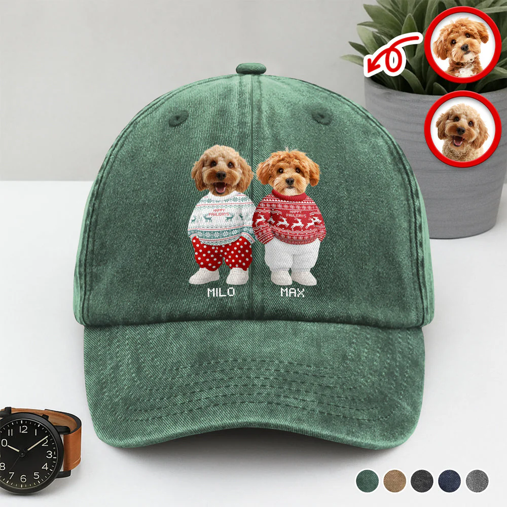 Personalized Washed Denim Baseball Cap with Cute Holiday Dogs in Sweaters – Casual Winter Style & Unique Gift for Pet Lovers - Image 6
