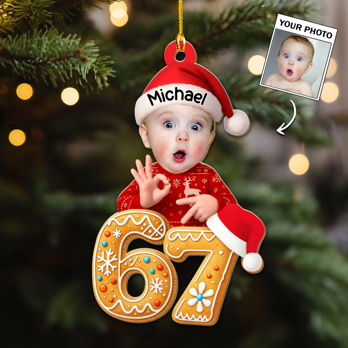 Personalized 67 Meme Wooden Ornament with Your Baby Photo – Funny Christmas Wooden Ornament & Unique Holiday Gift for Family and Friends