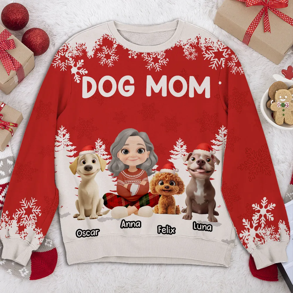 Personalized Dog Mom Printed Sweatshirt with Cartoon Portrait & Puppy, Festive Snowflake Design, Unique Christmas Gift for Pet Lovers - Image 2
