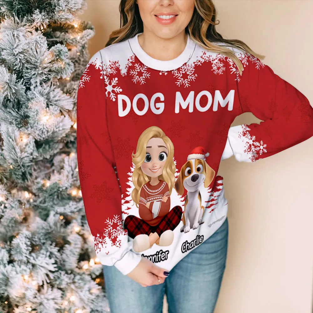 Personalized Dog Mom Printed Sweatshirt with Cartoon Portrait & Puppy, Festive Snowflake Design, Unique Christmas Gift for Pet Lovers - Image 3