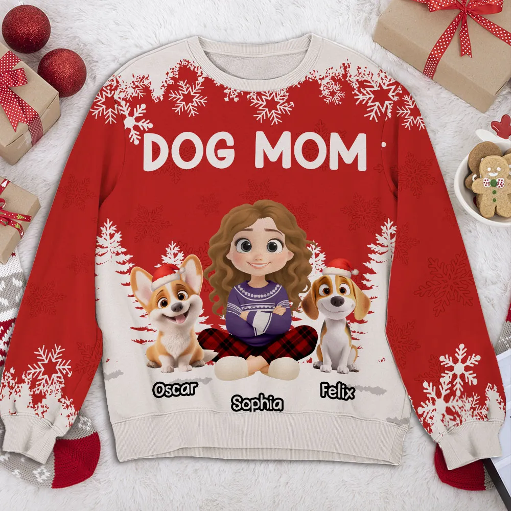 Personalized Dog Mom Printed Sweatshirt with Cartoon Portrait & Puppy, Festive Snowflake Design, Unique Christmas Gift for Pet Lovers - Image 5