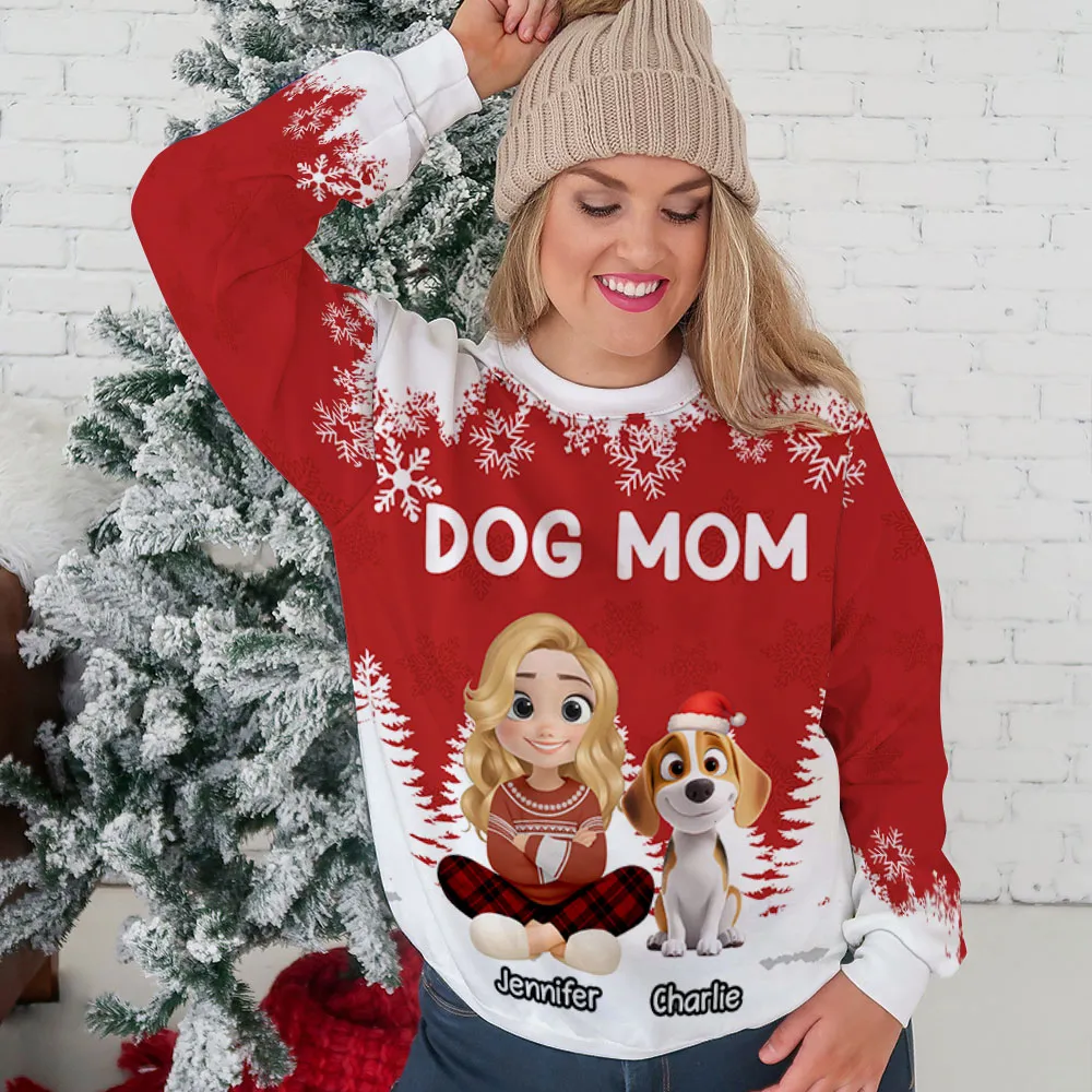 Personalized Dog Mom Printed Sweatshirt with Cartoon Portrait & Puppy, Festive Snowflake Design, Unique Christmas Gift for Pet Lovers - Image 6