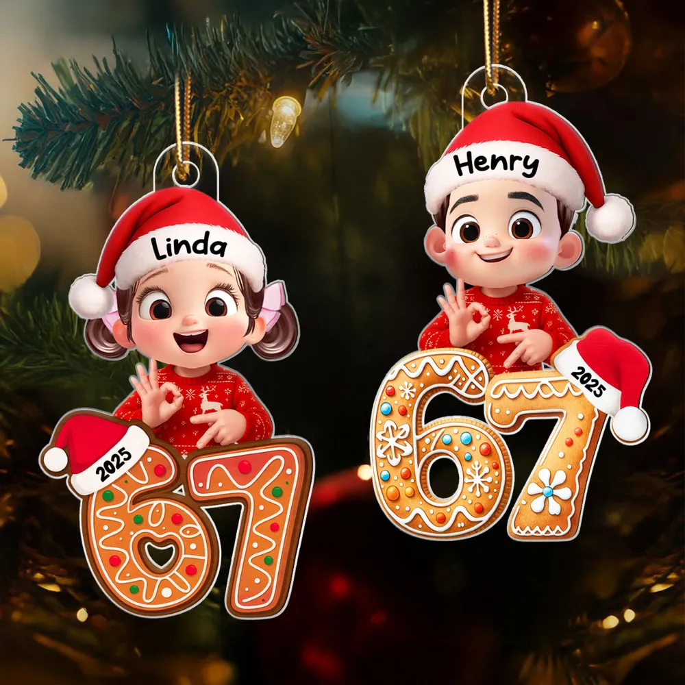 Personalized Acrylic Ornament with Cute Teen Six Seven Gesture – Gingerbread Number Christmas Decor & Unique Grandkid Gift
