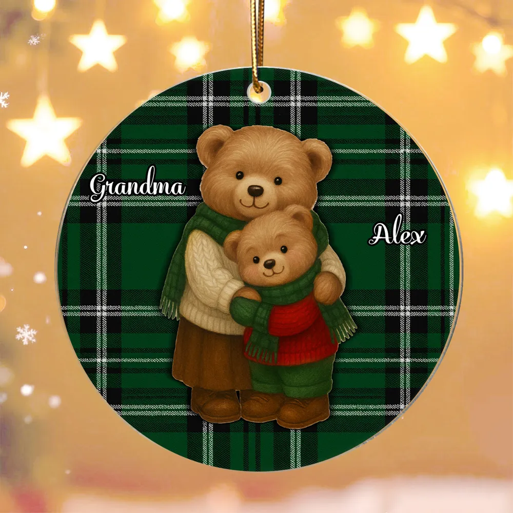 Personalized Acrylic Ornament for Grandma & Grandkids – Cozy Teddy Bear Hug, Plaid Christmas Decor, Unique Heartwarming Gift - Image 2