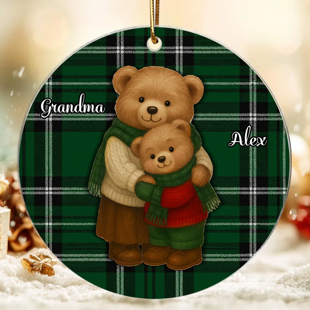 Personalized Acrylic Ornament for Grandma & Grandkids – Cozy Teddy Bear Hug, Plaid Christmas Decor, Unique Heartwarming Gift - Image 5