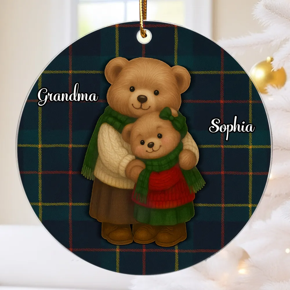 Personalized Acrylic Ornament for Grandma & Grandkids – Cozy Teddy Bear Hug, Plaid Christmas Decor, Unique Heartwarming Gift - Image 6