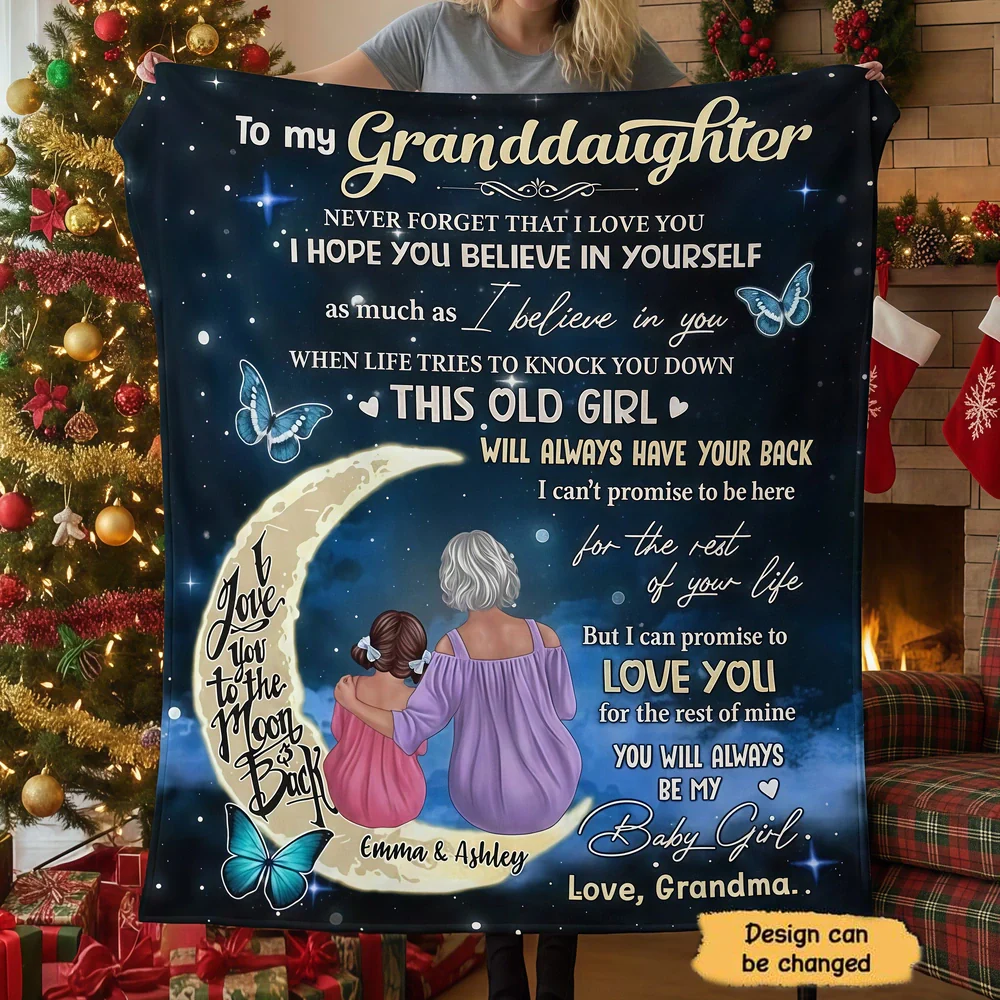 Personalized Fleece Blanket with Grandma and Granddaughter on Moon, Night Sky Throw, Cozy Unique Gift from Grandma
