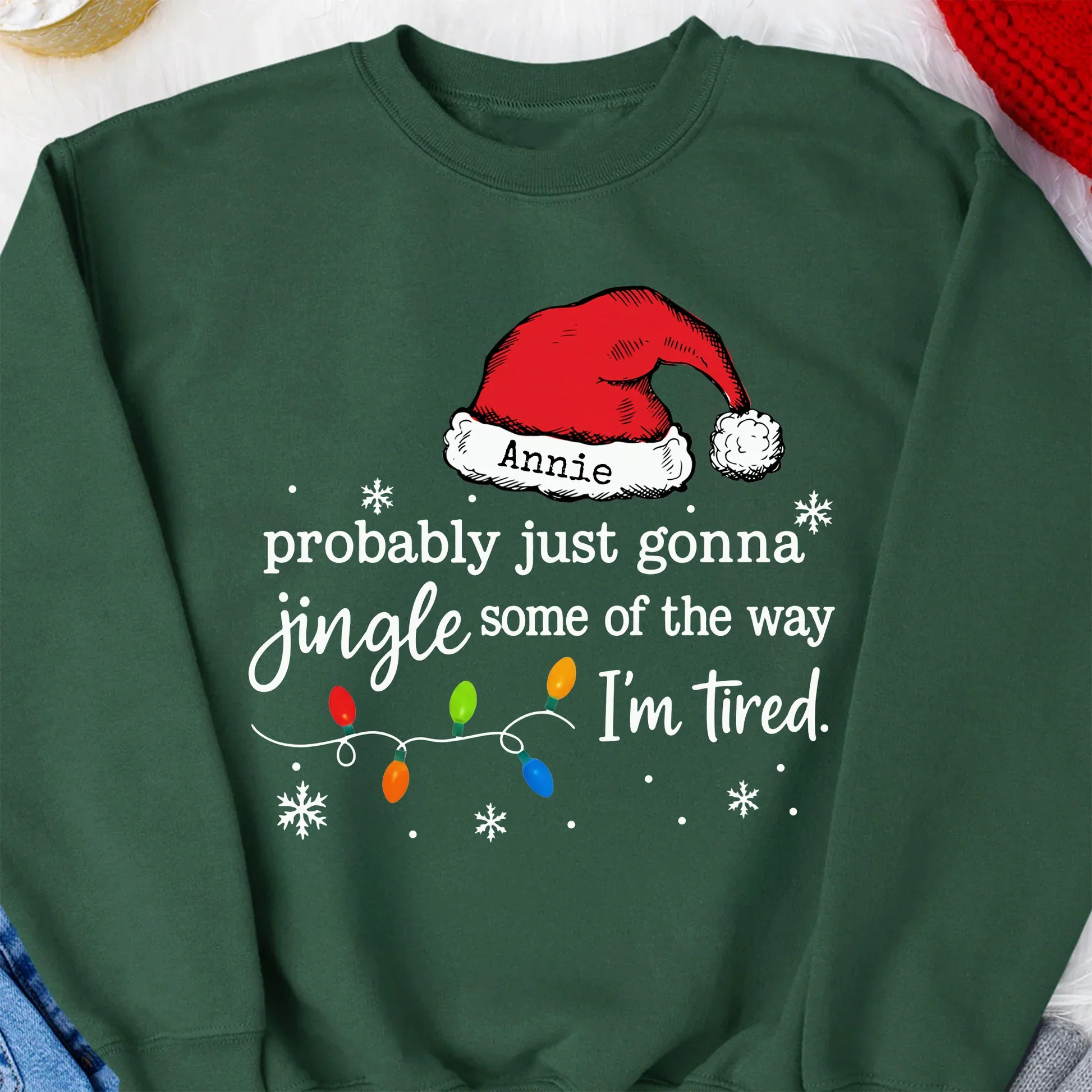 Custom Name Classic Tee with Santa Hat and Lights, Hilarious Christmas Shirt for Parties, A Unique Relaxed Holiday Gift - Image 3