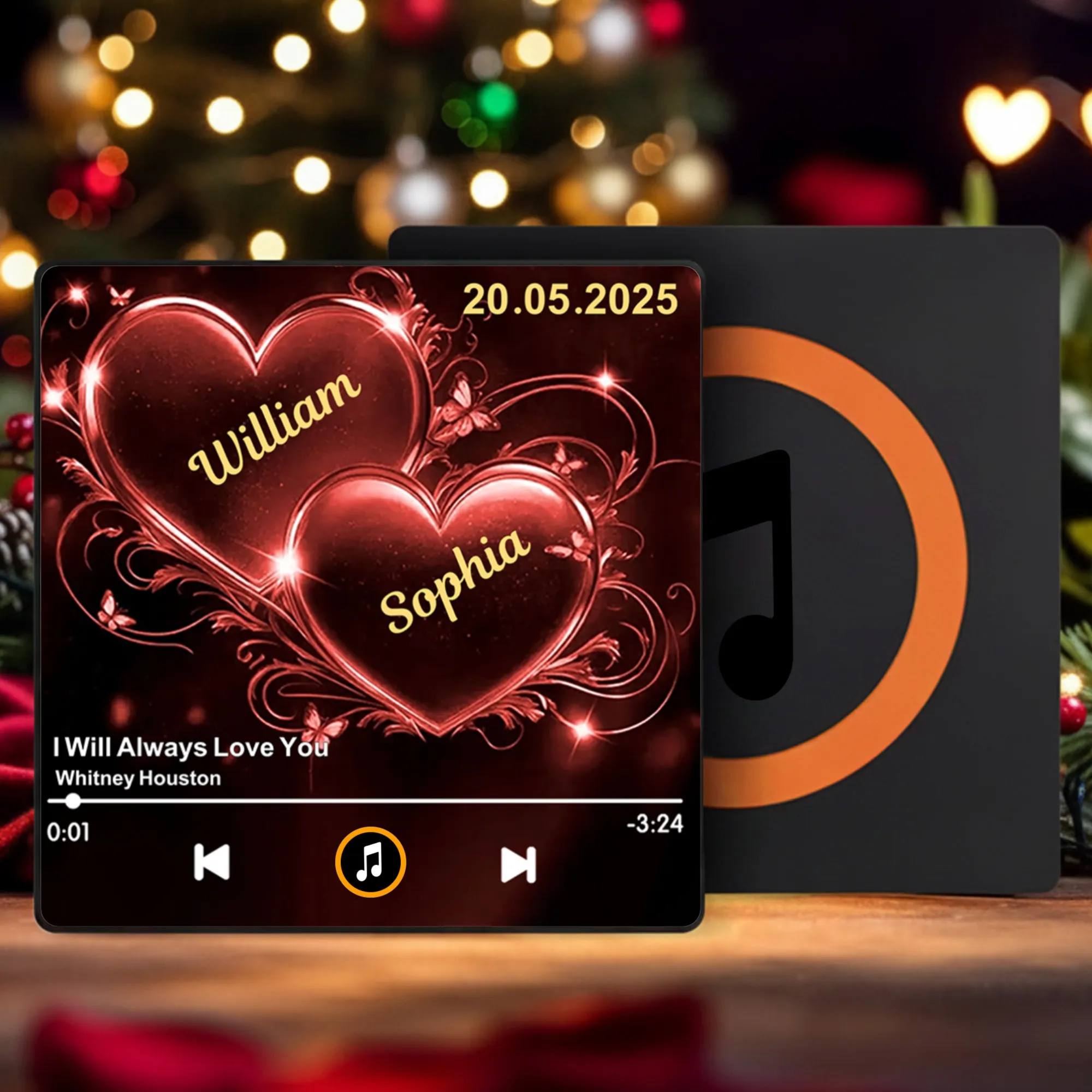 Personalized Acrylic Music Magnet with Glowing Double Hearts β Custom Romantic Gift for Couples and a Unique Fridge Decoration