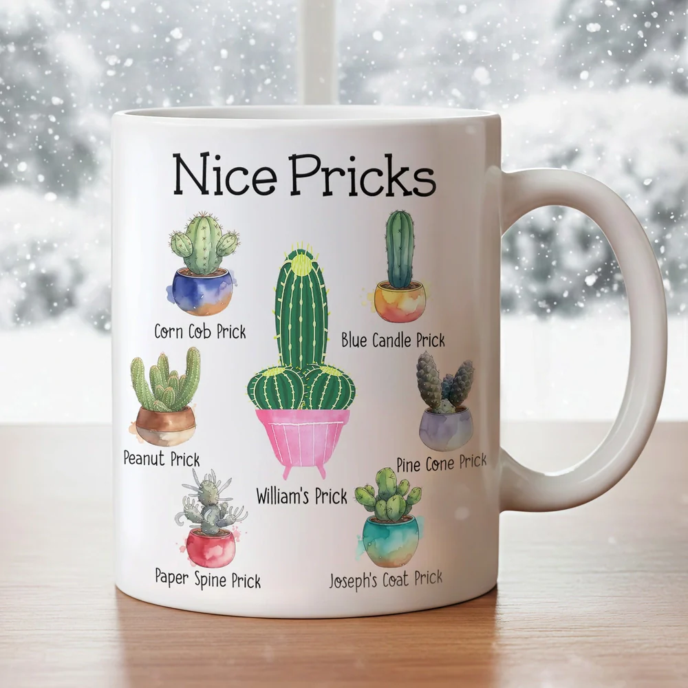 Personalized White Ceramic Mug with Funny Cactus Nice Pricks Design, Unique Gift for Husband or Boyfriend, Fun Naughty Coffee Gift