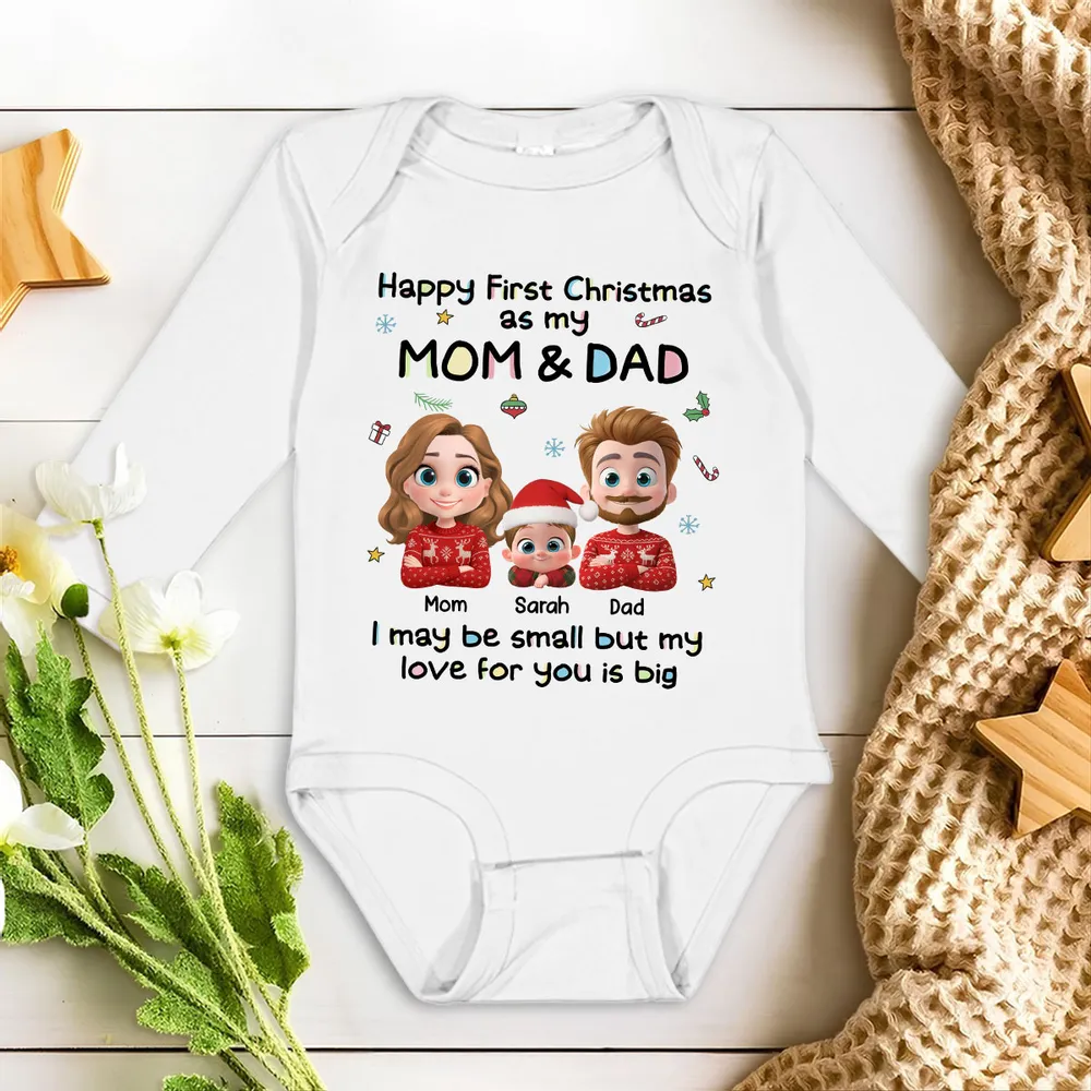 Custom First Christmas Long Sleeve Baby Onesie, Cute Mom Dad and Baby Illustration, Personalized Holiday Outfit and Heartwarming Newborn Gift - Image 2