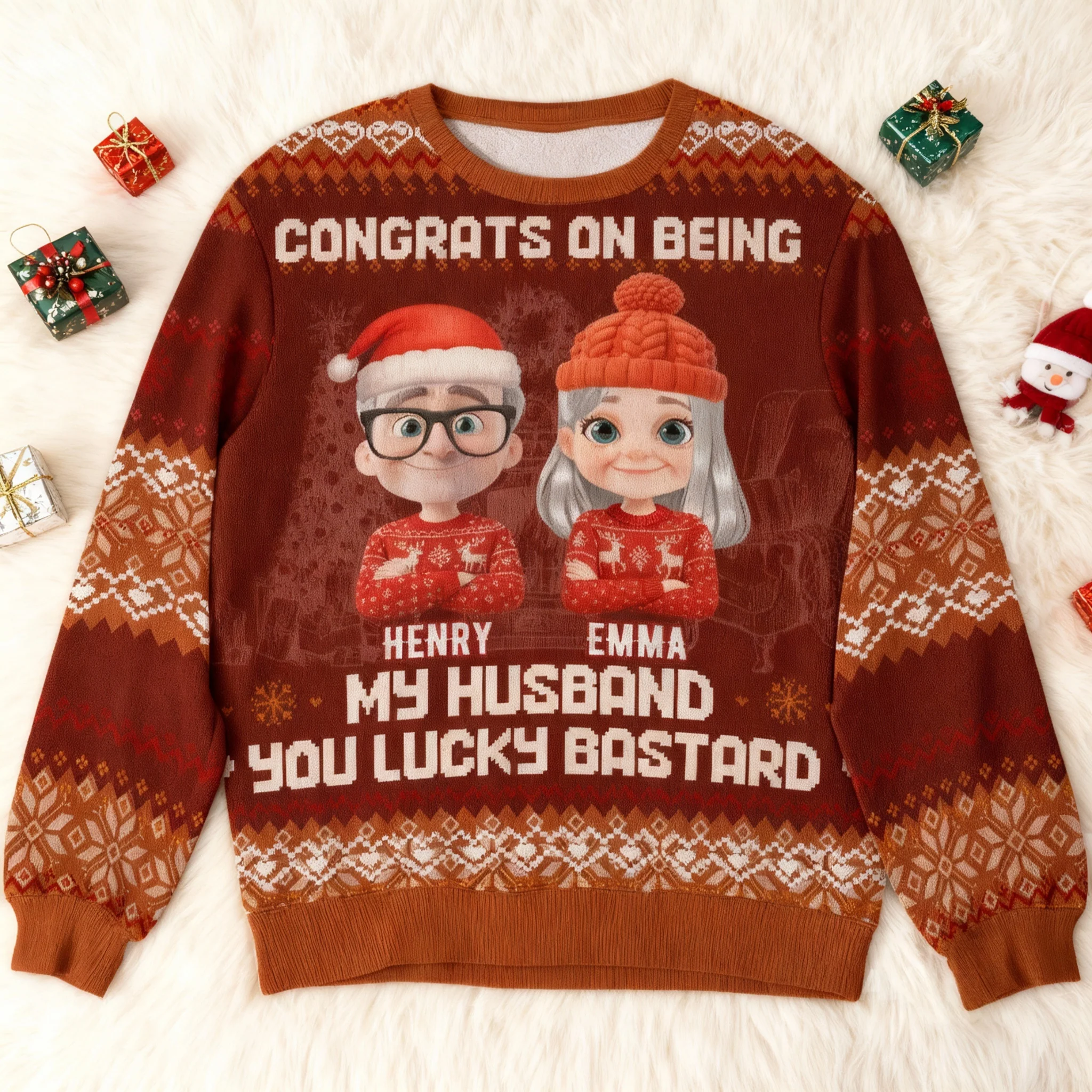 Custom Cartoon Couple Printed Sweatshirt for Husband – Playful Christmas-Inspired Design, One-of-a-Kind Romantic Gift