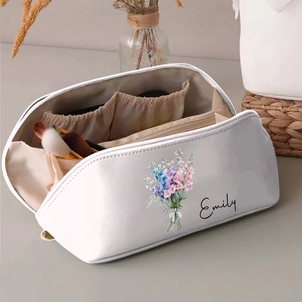 Personalized Leather Makeup Bag with Purple Florals, Custom Gift for Her & Stylish Travel Organizer - Image 3