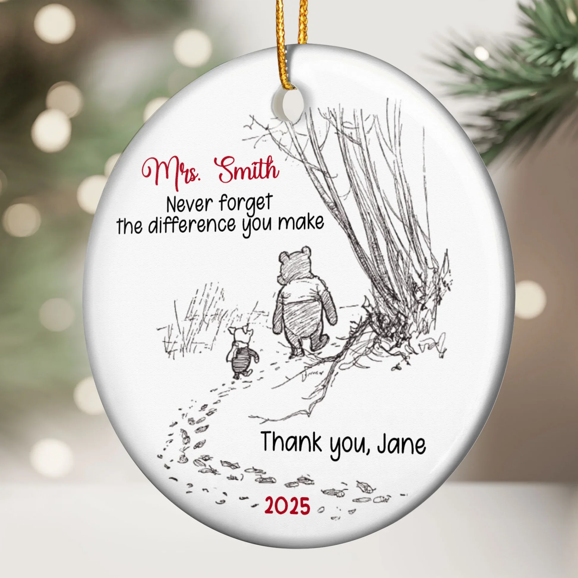 Custom Ceramic Ornament with Cute Walking Bear Illustration – Heartfelt Never Forget the Difference You Make Message – Sentimental Unique Gift for Someone Special - Image 2