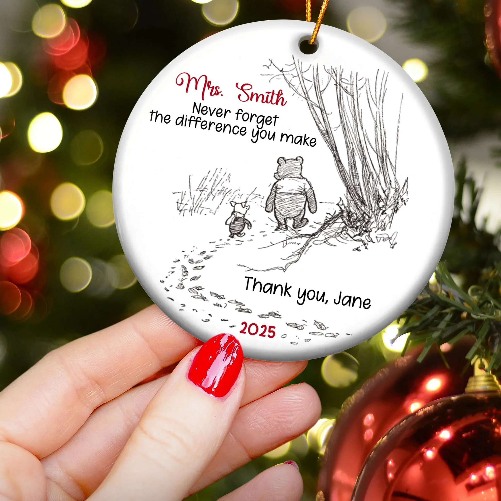 Custom Ceramic Ornament with Cute Walking Bear Illustration – Heartfelt Never Forget the Difference You Make Message – Sentimental Unique Gift for Someone Special - Image 3