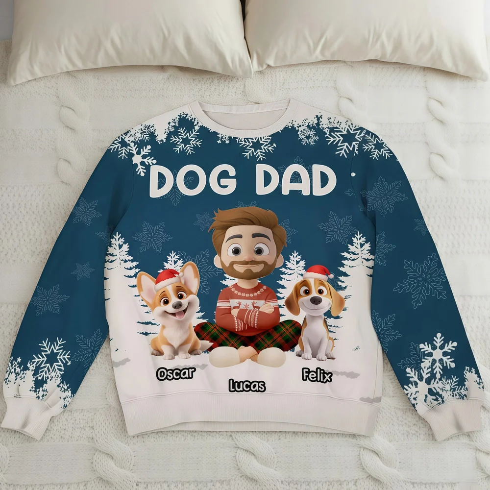Personalized Dog Dad Printed Sweatshirt with Custom Cartoon Man and Puppy, Cozy Christmas Gift for Proud Pet Lovers - Image 3
