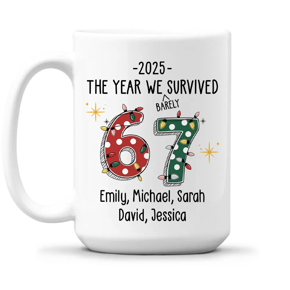 Custom 67 Ceramic Mug with Festive Dotted Numbers, Personalized Year We Survived Joke for Office Friends, Fun & Cute Gift - Image 2