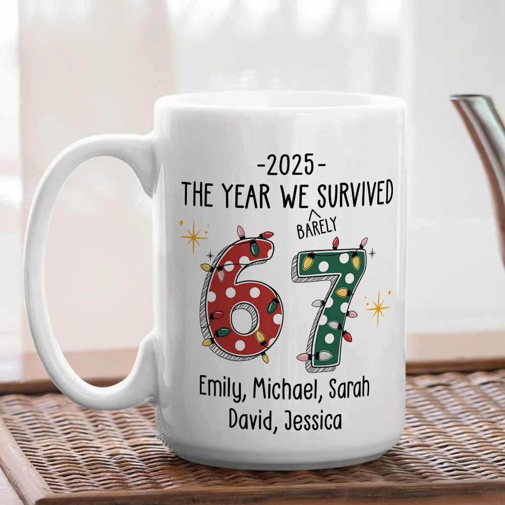 Custom 67 Ceramic Mug with Festive Dotted Numbers, Personalized Year We Survived Joke for Office Friends, Fun & Cute Gift - Image 7