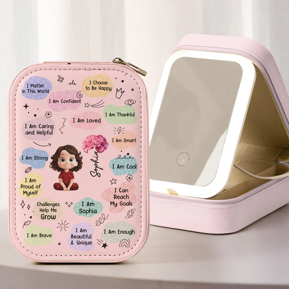 Custom LED Makeup Case with Cartoon Portrait & Positive I Am Quotes – Unique Personalized Makeup Box, Uplifting Gift for Daughter or Friend - Image 2