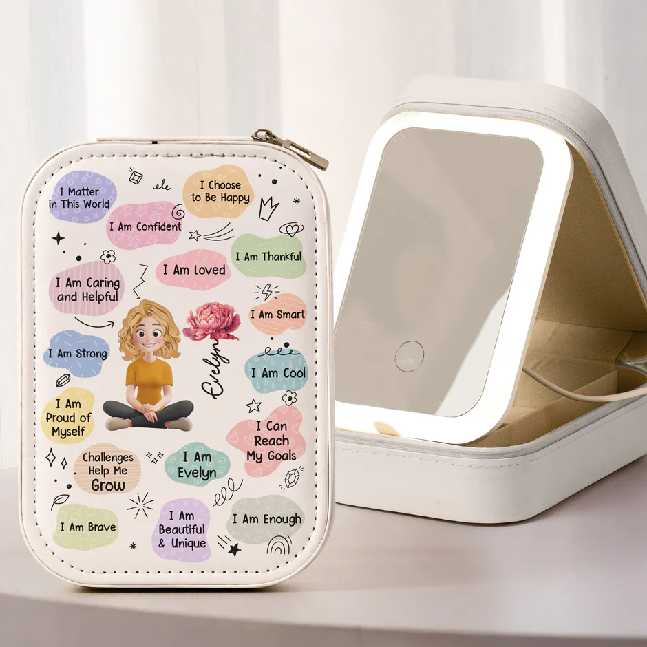 Custom LED Makeup Case with Cartoon Portrait & Positive I Am Quotes – Unique Personalized Makeup Box, Uplifting Gift for Daughter or Friend - Image 3