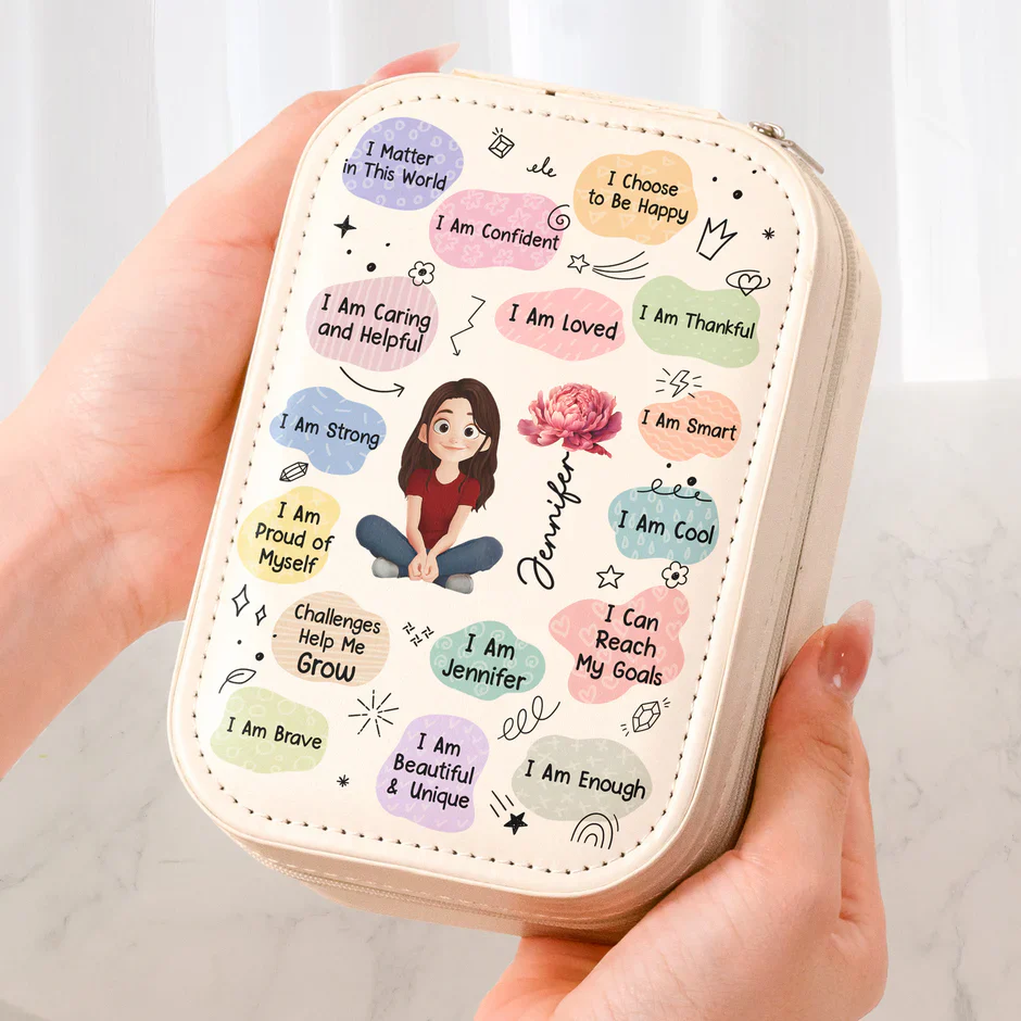Custom LED Makeup Case with Cartoon Portrait & Positive I Am Quotes – Unique Personalized Makeup Box, Uplifting Gift for Daughter or Friend - Image 5