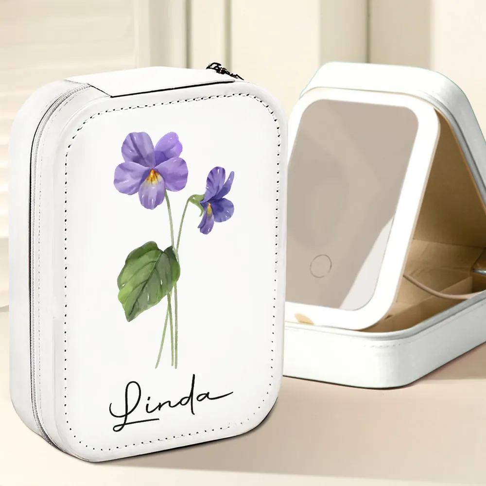 Leather LED Makeup Case With Birth Month Flower Art, Portable Lighted Mirror, Unique Gift For Her - Image 2