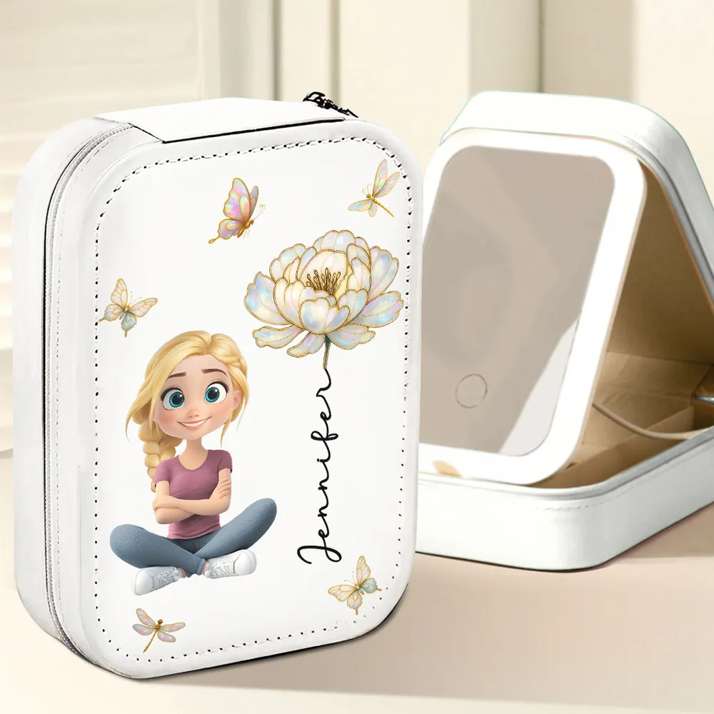 Custom Leather LED Makeup Case Jewelry Box with Name & Blooming Flower – Adorable Personalized Gift for Daughter or Best Friend - Image 6