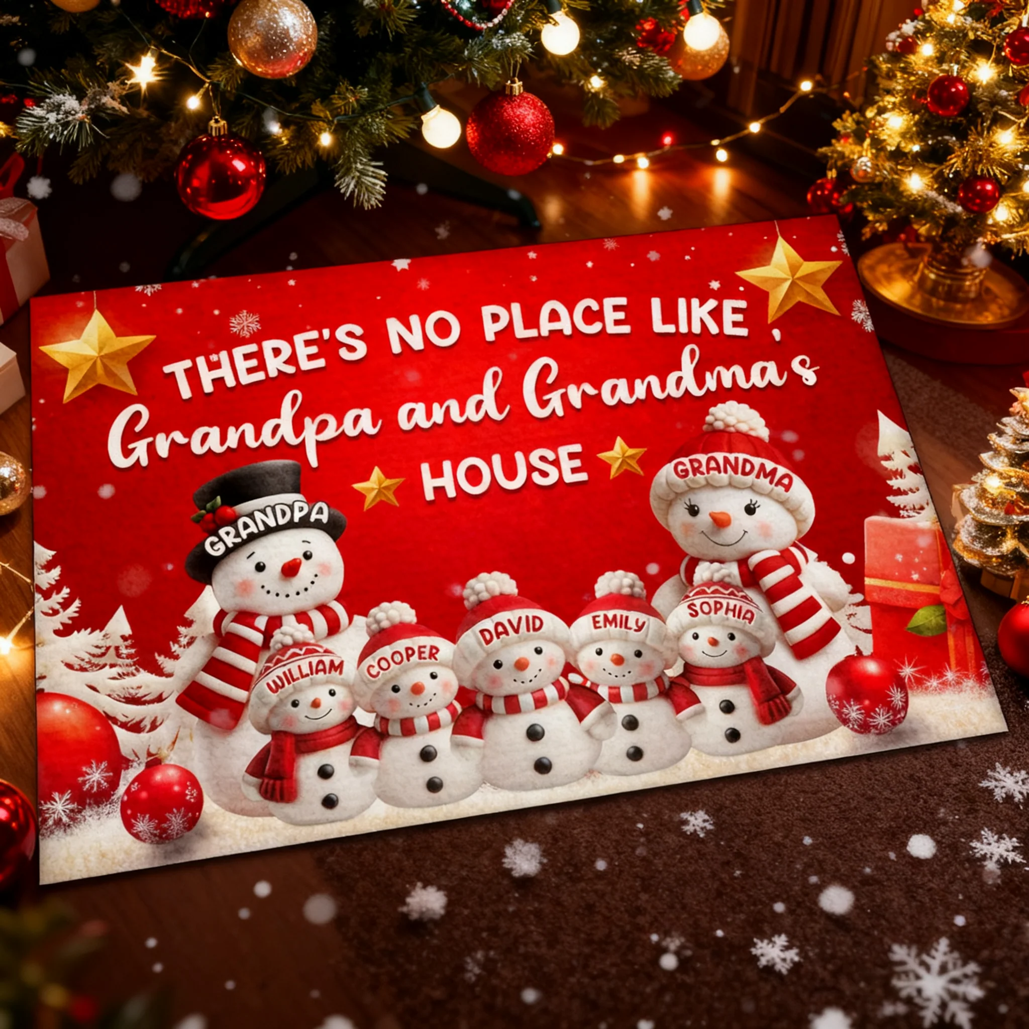 Custom Standard Doormat with Cute Snowman Family, Festive Entryway Decor for Grandparents' Home, Heartwarming Personalized Gift Idea for Indoor or Outdoor Use