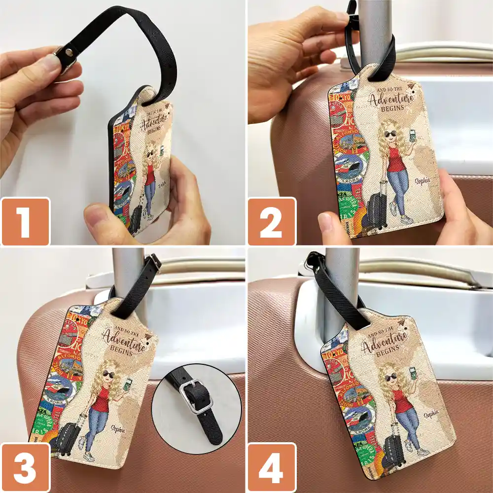 And So The Adventure Begins Leather Luggage Tag, Personalized Travel Accessory for Her with Cartoon Traveler, Stylish Unique Gift for Trips & Cruises - Image 5