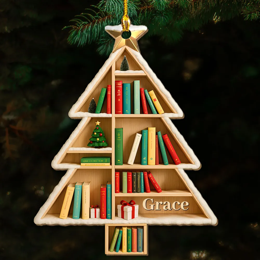 Personalized Wooden Ornament Bookshelf Tree – Custom Name Christmas Wooden Ornament for Book Lovers, Cozy Holiday Decor & Unique Gift - Image 2