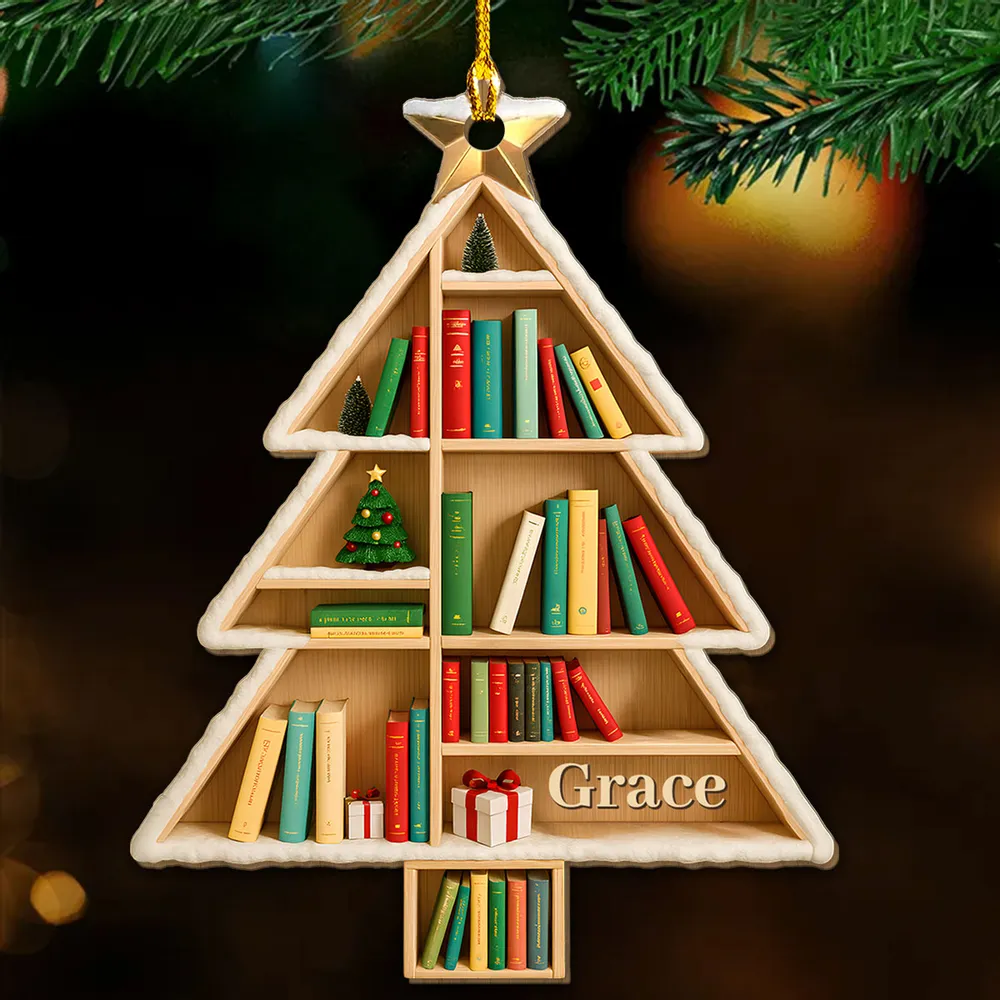 Personalized Wooden Ornament Bookshelf Tree – Custom Name Christmas Wooden Ornament for Book Lovers, Cozy Holiday Decor & Unique Gift - Image 3