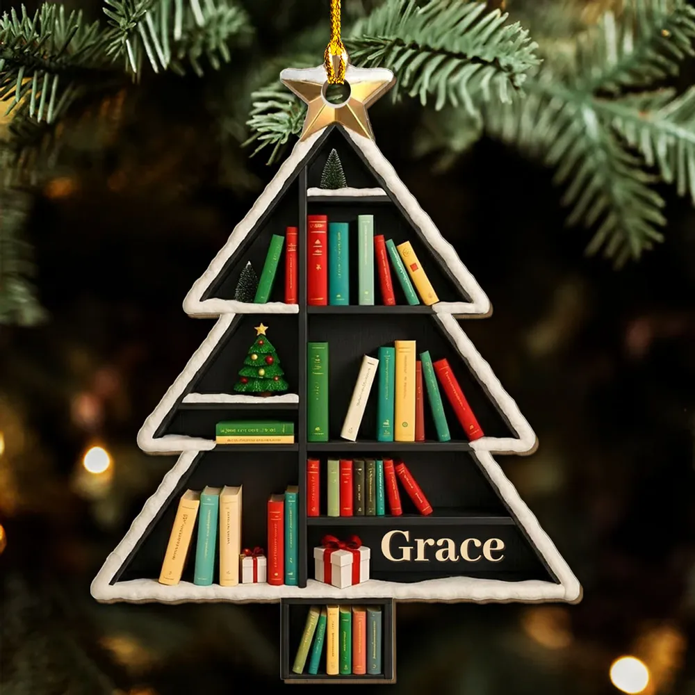 Personalized Wooden Ornament Bookshelf Tree – Custom Name Christmas Wooden Ornament for Book Lovers, Cozy Holiday Decor & Unique Gift - Image 6