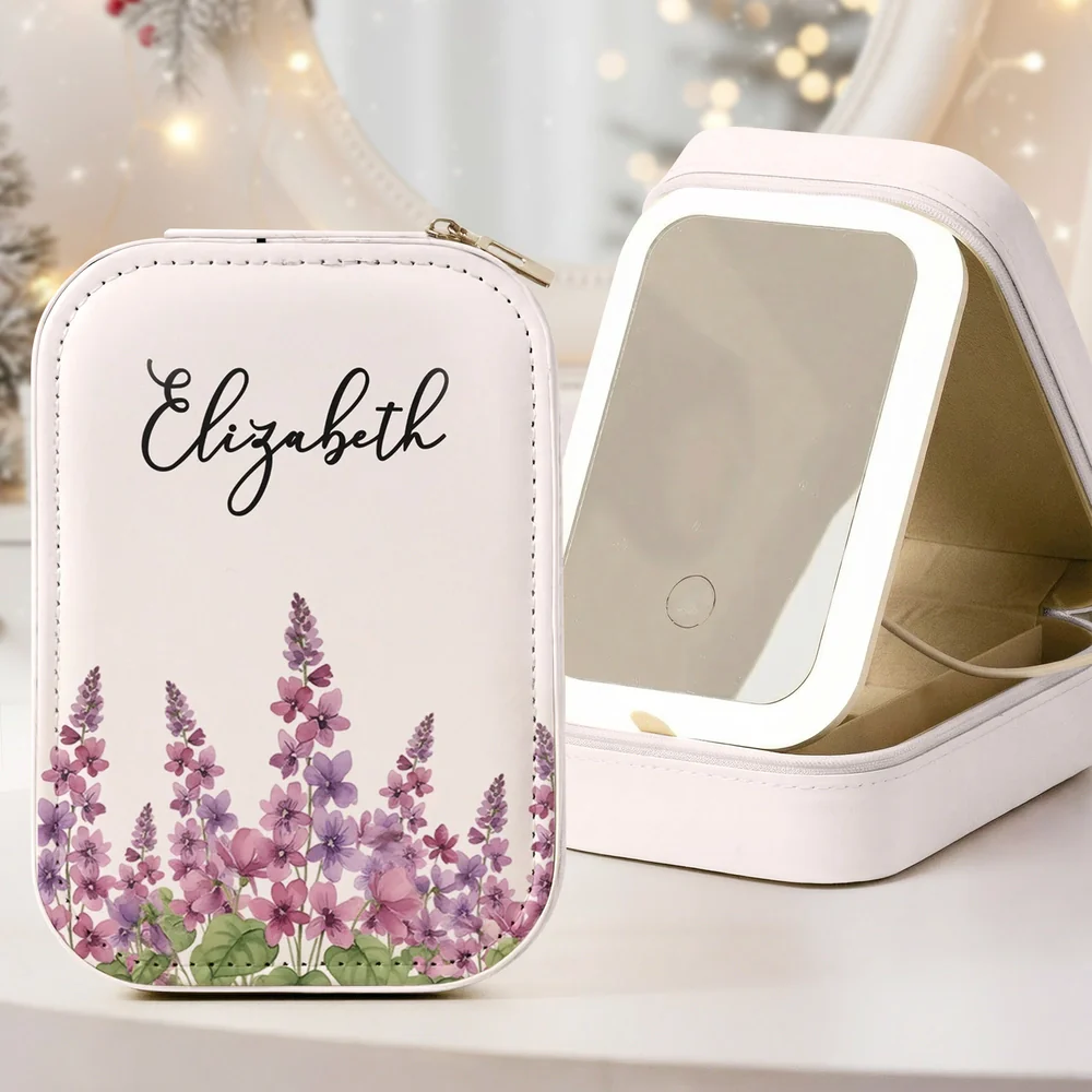 Custom Name & Birth Flower Gift For Her, Daughter, Sister - Custom Makeup Box With LED Mirror