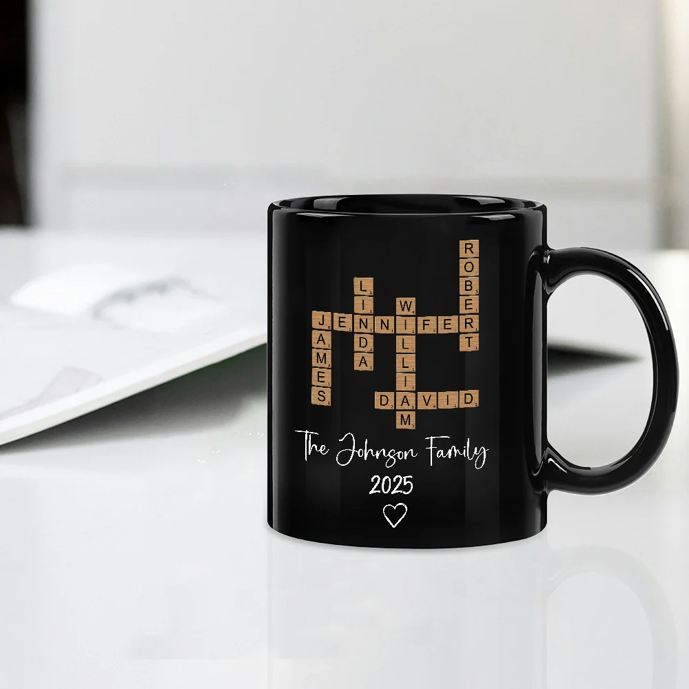 Personalized Family White Ceramic Mug with Wooden Tile Crossword Art - Unique Creative Gift for Home - Image 2