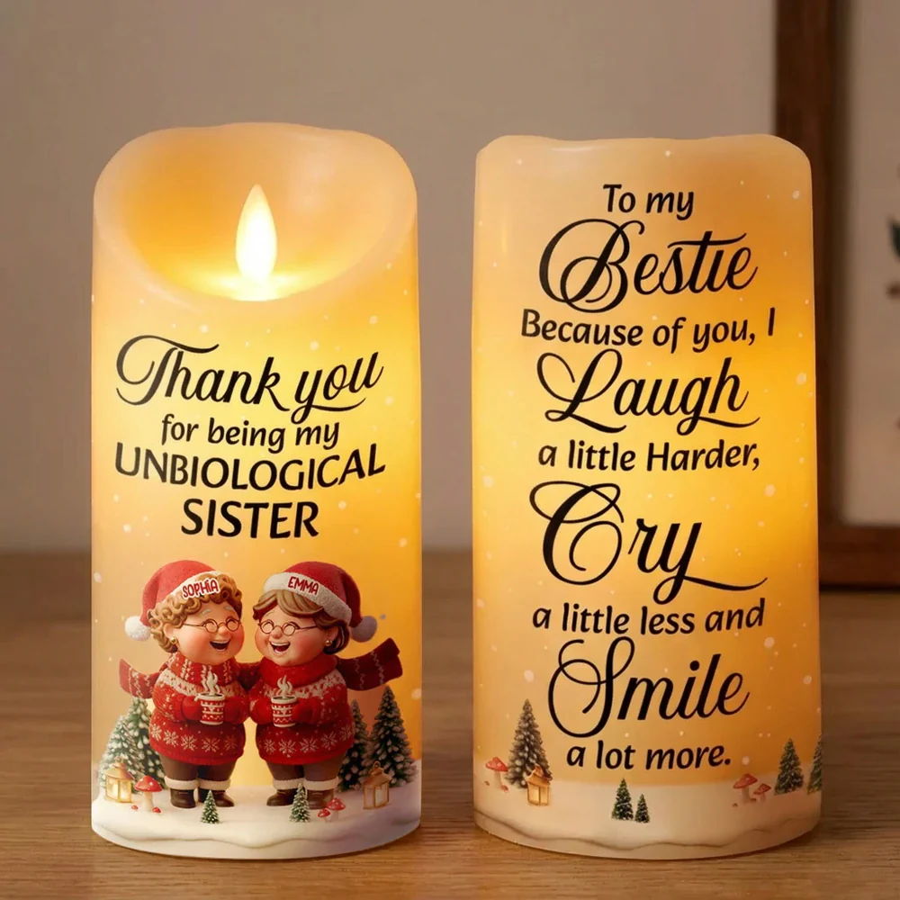 Flameless LED Candle with Custom Bestie Quote – Cozy Soft Light, Emotional Comfort and Heartfelt Gift for Unbiological Sisters