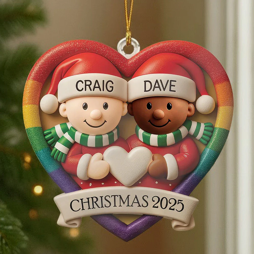 Custom LGBT Couple Acrylic Ornament, Cozy Hugging Santa Characters for Holiday Celebration, Romantic Keepsake & Special Gift