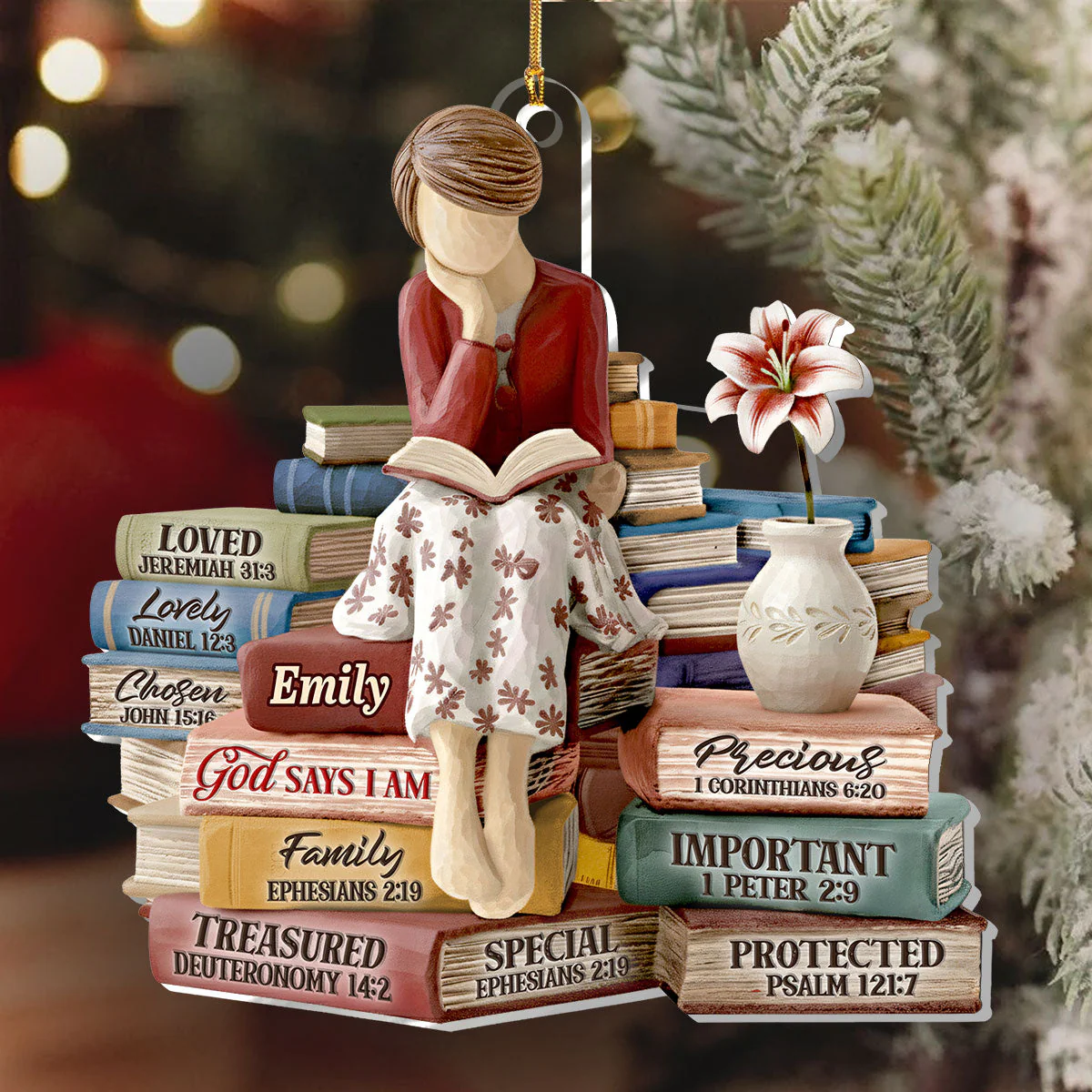 Personalized Acrylic Ornament with Reading Woman and Faith Books – Unique Christian Gift and Christmas Tree Decor - Image 5