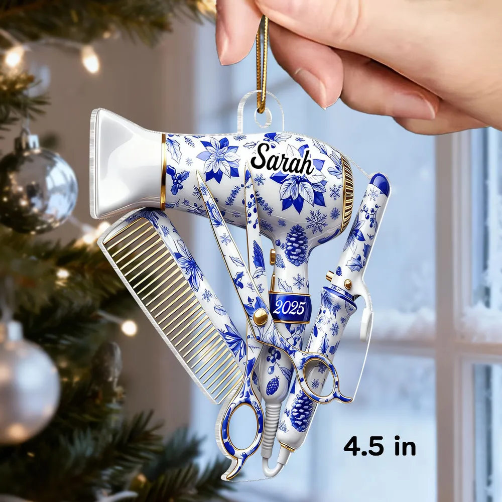 Hairdresser Things Acrylic Ornament with Custom Name – Elegant Blue Floral Salon Tool Design, Festive Tree Decor and Creative Gift for Your Favorite Stylist - Image 2