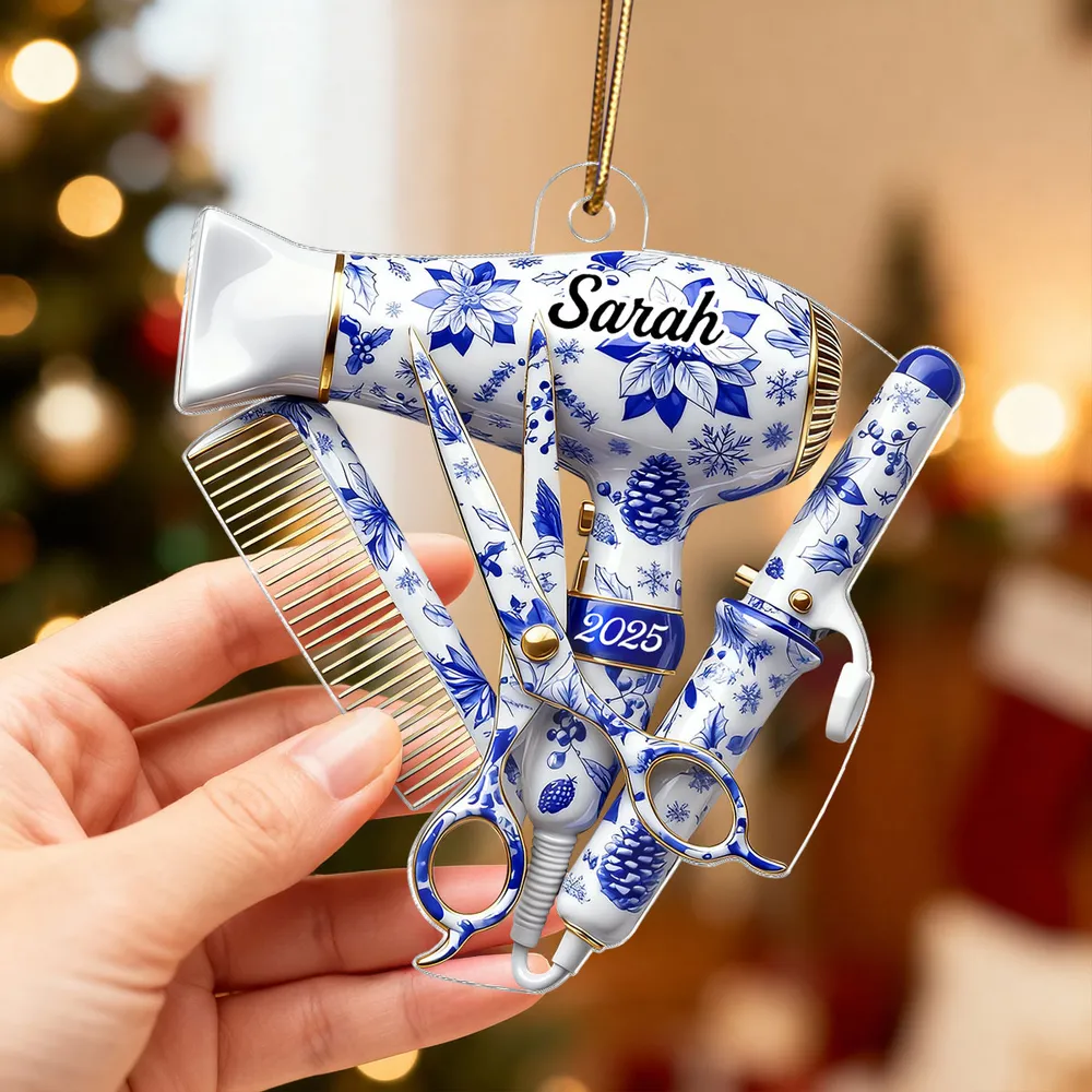 Hairdresser Things Acrylic Ornament with Custom Name – Elegant Blue Floral Salon Tool Design, Festive Tree Decor and Creative Gift for Your Favorite Stylist - Image 6