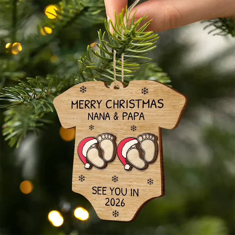Custom Baby Announcement 2-Layer Wooden Ornament – Onesie Shape with Tiny Footprints – Adorable Nursery Decor and Creative Holiday Gift for Mommy and Daddy - Image 2