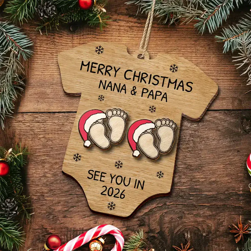 Custom Baby Announcement 2-Layer Wooden Ornament – Onesie Shape with Tiny Footprints – Adorable Nursery Decor and Creative Holiday Gift for Mommy and Daddy - Image 3
