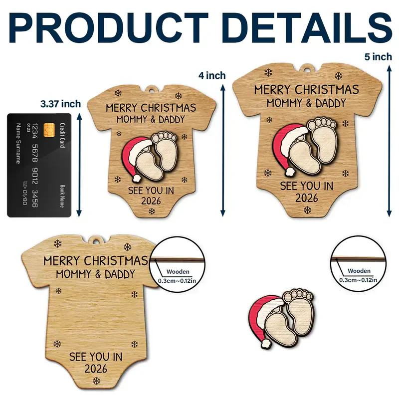 Custom Baby Announcement 2-Layer Wooden Ornament – Onesie Shape with Tiny Footprints – Adorable Nursery Decor and Creative Holiday Gift for Mommy and Daddy - Image 4