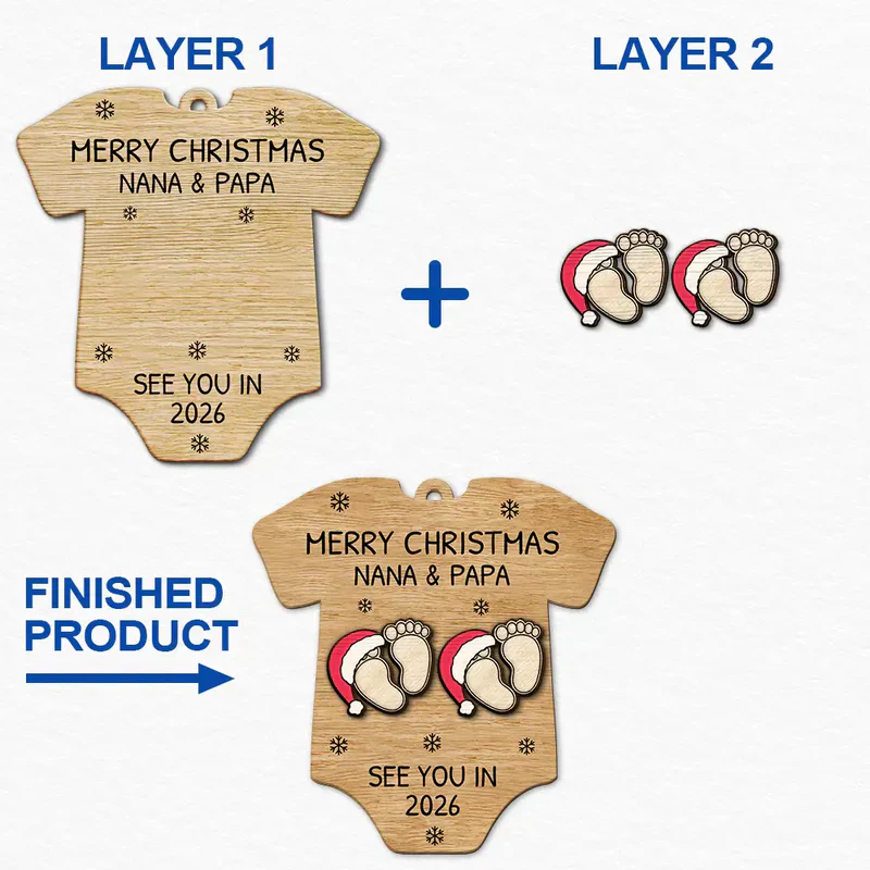 Custom Baby Announcement 2-Layer Wooden Ornament – Onesie Shape with Tiny Footprints – Adorable Nursery Decor and Creative Holiday Gift for Mommy and Daddy - Image 5