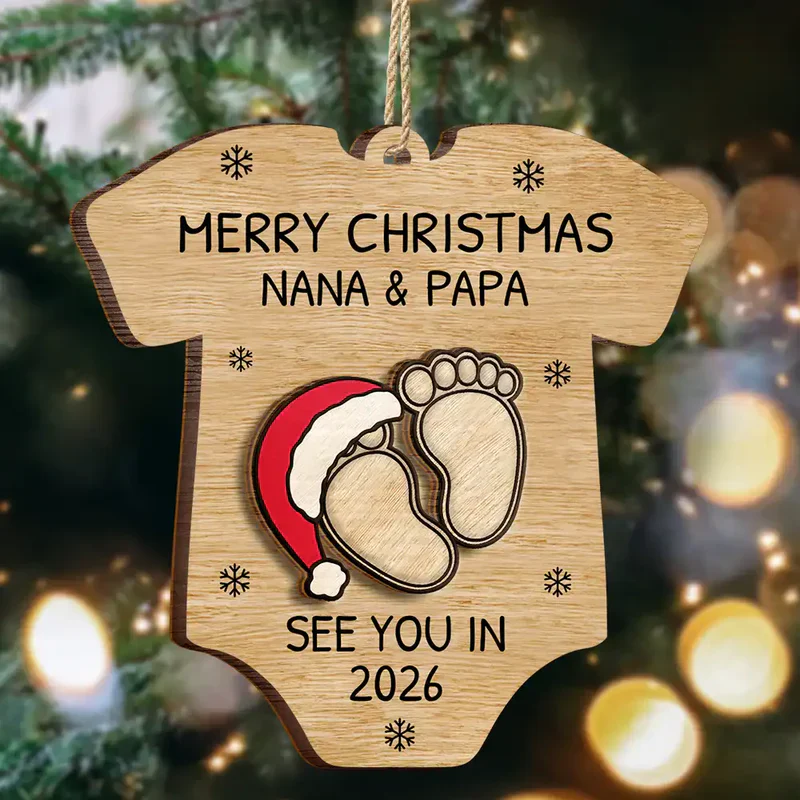 Custom Baby Announcement 2-Layer Wooden Ornament – Onesie Shape with Tiny Footprints – Adorable Nursery Decor and Creative Holiday Gift for Mommy and Daddy - Image 6