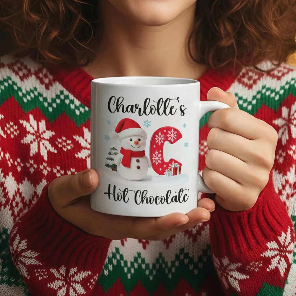 Custom Snowman Initial White Ceramic Mug for Hot Chocolate & Morning Coffee – Festive Personalized Christmas Gift, Fun and Cute Winter Present - Image 5